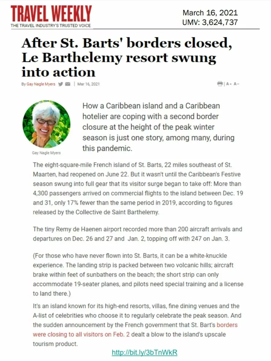 Après la fermeture des frontières de Saint-Barth, le resort Le Barthelemy est passé à l'action (Travel Weekly)